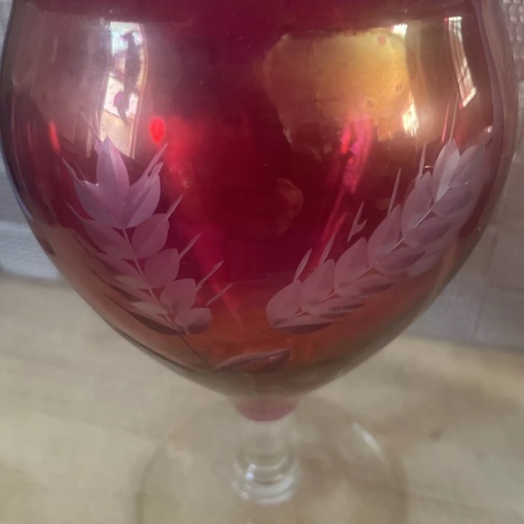 Vintage 6” Cranberry Frosted Glass Etched Wheat Wine Water Goblet - Picture 4 of 8